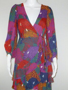 Farm Rio Rainbow Jaguar Wrap Dress Size S 3/4 Sleeve Colorful